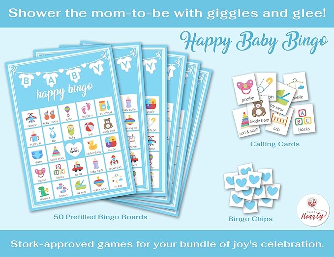 Party Hearty Baby Shower Games for Boy, 250 pcs Blue 5 Games Activities Cards, Funny Baby Shower Games, Baby Shower Ideas