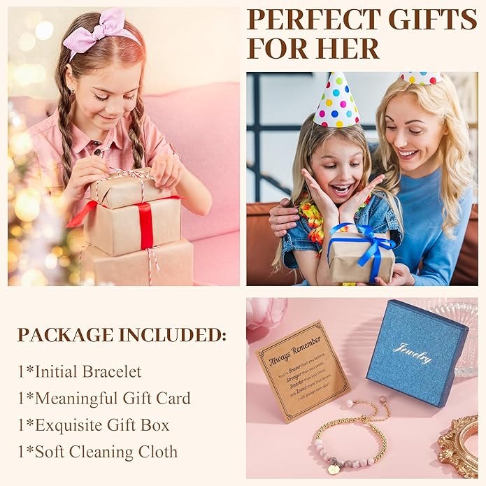 Ritach Initial Bracelets for Girls - Pink Zebra Natural Stone Bracelet Real Gold Plated Beaded Bracelets Adjustable Disc Initial Bracelets for Girls Kids Teen Girl Gifts