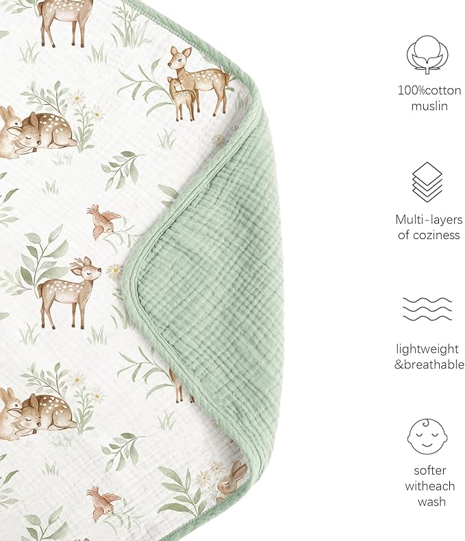 Konssy Muslin Baby Blankets for Girls Boys, 100% Cotton Crib Blanket for Infant Toddler, Super Soft and Lightweight Nursery Swaddling Wrap 40"x36" (Woodland)