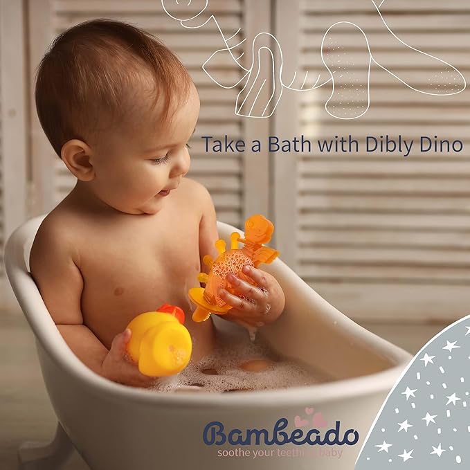 Baby Teether Toy and Training Toothbrush: Dibly - The Dino Baby Teething Toys BPA-Free Teethers Inspired by Nature with Natural Rubber Pacifier
