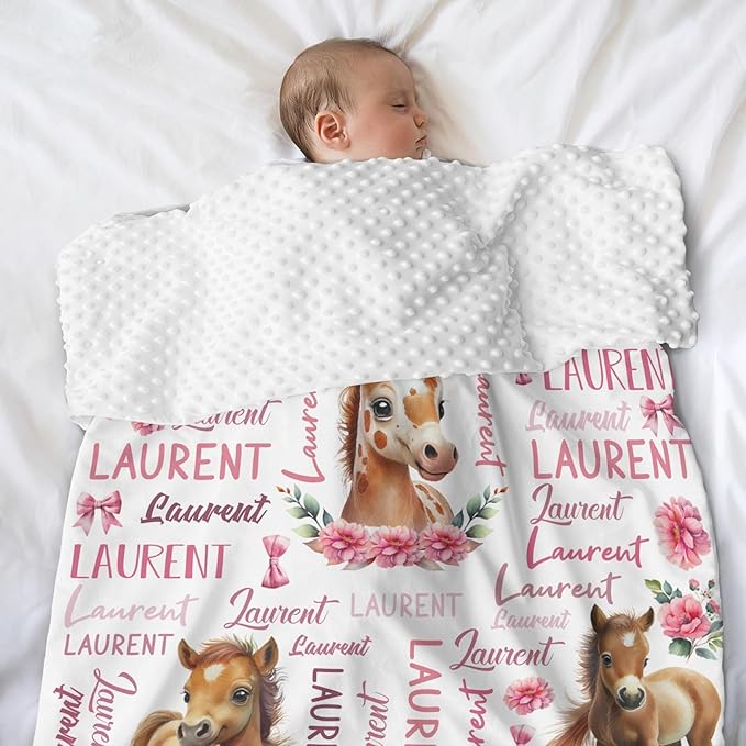Personalized Baby Blanket for Girls Pink Pony Custom Baby Blankets with Name Dotted Backing Customized Gifts for New Mom Customize Baby Blanket for Kids Newborn Birthday (Pony)