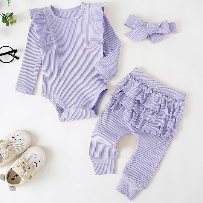 Fullfamous Baby Girl's 3pc Rib Frill Long Sleeve Romper and Pant Set