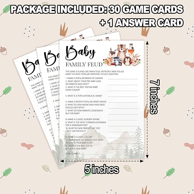 Baby Shower Games for Girl, 30 Safari Animals Baby Family Feud Game Cards + 1 Answer Card, Woodland Gender Reveal Party Decorations Supplies Favors - C06