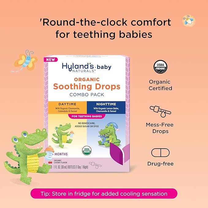 Hyland's Baby Organic Daytime and Nighttime Soothing Drops Combo Pack, Drops for Oral Discomfort, 2 oz.