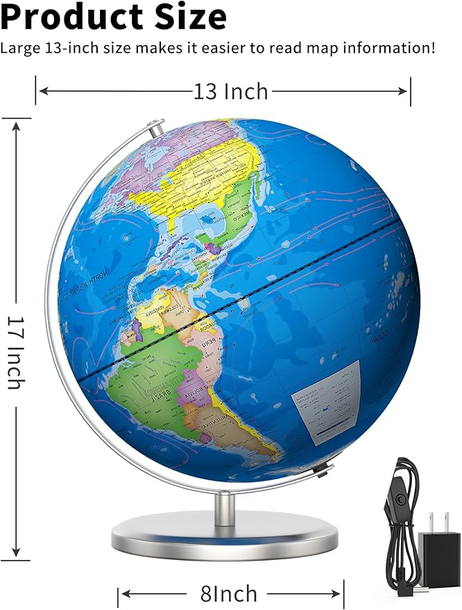 SOUNDANCE 13 Inch World Globe with Stable Heavy Metal Base, Educational Globe for Kids Learning, Large Globes Lamp with Colorful HD World Map Details, LED