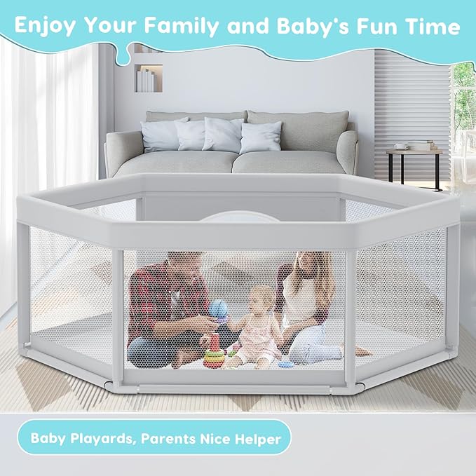 65" ×65" Hexagonal Baby Playpen, Baby Playard for Babies and Toddlers, BabyFence Play Pens for Indoor & Outdoor, Sturdy Safety Play Yard with Soft Breathable Mesh, Anti-Fall, Grey