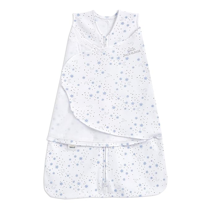 HALO 100% Cotton Sleepsack Swaddle, 3-Way Adjustable Wearable Blanket, TOG 1.5, Midnight Moons Blue, Small, 3-6 Months