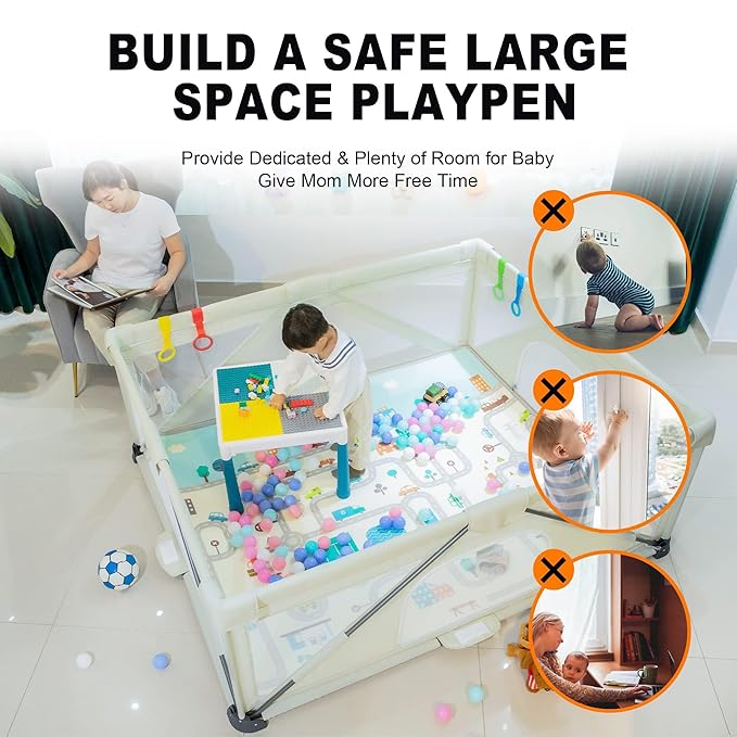 Foldable Baby Playpen 47x63 inch, iTiLike Playpen for Babies and Toddlers with 50 PCS Ocean Balls & 4 Handles, Indoor & Outdoor Kids Safety Play Pen Area, Portable Travel Play Yard (Beige)