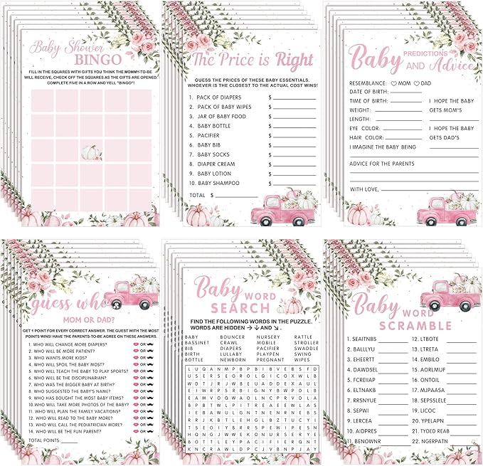 Jetec 302 Pcs Pink Pumpkin Theme Baby Shower Games, 6 Games, 50 Sheets Each, Shower Party Bingo, Word Scramble, Baby Word Search, Predictions and Advice, the Price Is Right, Guess Who