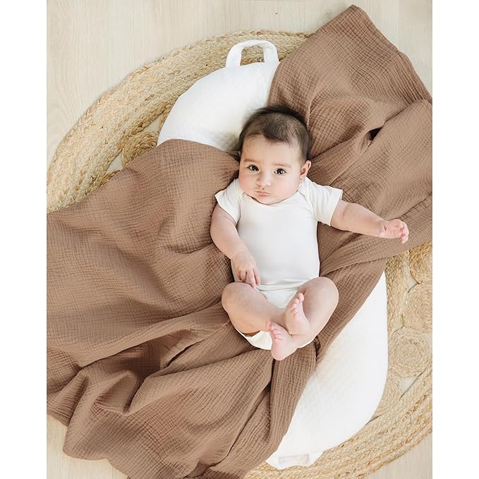 Konssy Muslin Swaddle Blankets for Boys Girls, 2 Pack Receiving Baby Blanket Large 47 x 47 inches, Soft Breathable Swaddling Wrap for Unisex Newborn (Brown, Cream)