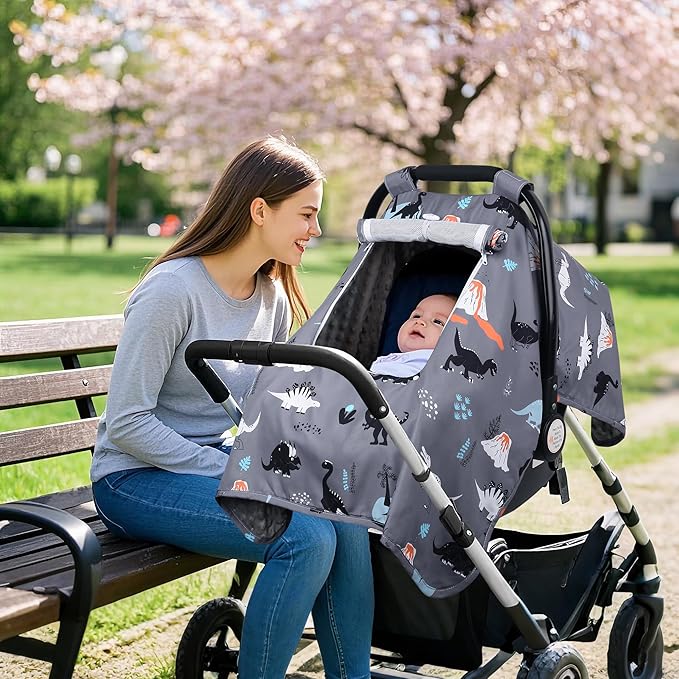Car Seat Cover Baby, Carseat Covers Baby with 2 Layers Breathable Zipper Windows, Windproof Infant Car Seat Cover, Kick-Proof Baby Carrier Cover for Baby Boy Newborn Essentials