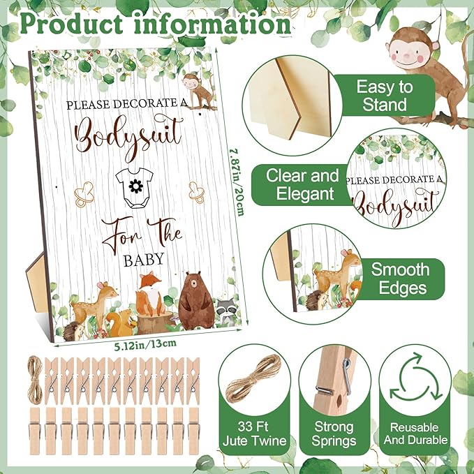 Panitay 126 Pcs Baby Shower DIY Bodysuit Set Rustic Kraft Baby Shower Game Sign DIY Bib 25 Blank White Newborn Bodysuit 25 Stencils 24 Marker 1 Sign 50 Pins for Gender Reveal(Woodland Animals)