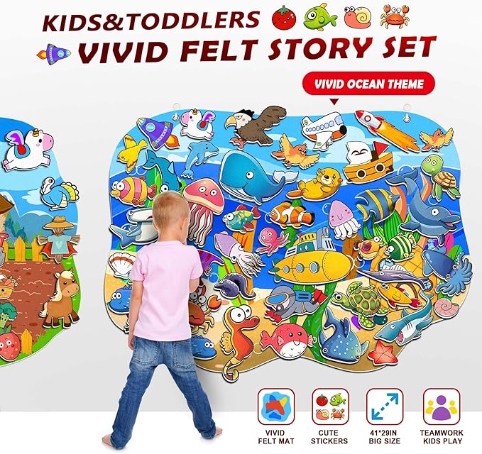 SKOLESK Felt Story Board Set 41x29 inch Flannel Board 75 Pcs Preschool Learning Ocean Themed Toy Interactive Storytelling Teaching Play Activity Kits for Toddlers Kids