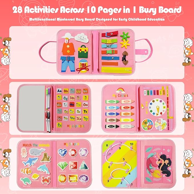 Toddler Busy Board Montessori Toys - Quiet Book for Boys Girls Toddlers Birthday Gift, Busy Book for Learning Fine Motor Skills Educational Activities, Sensory Travel Toy for Airplane & Car (Pink)