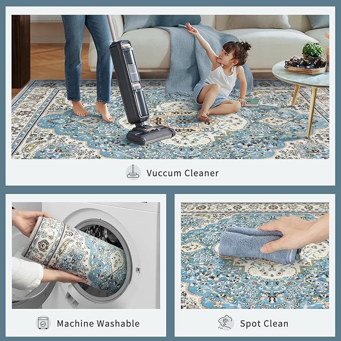 Ciicool Washable Area Rug Round 6’x6’ Boho Bedroom Rug Non-Slip Oriental Carpet Throw Rug Low-Pile Indoor Floor Carpet for Dining Room Living Room Laundry Foyer Decor (Vintage Blue)