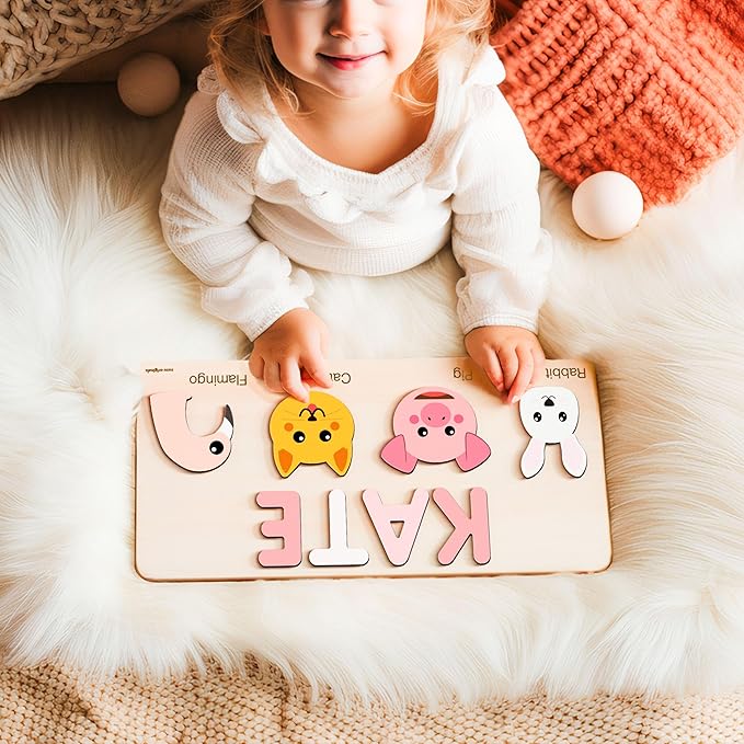 Custom Name Puzzle for Toddlers 1-3, 1 Year Old Girl Gifts, 1st Birthday Gifts Boy, ABC Wooden Puzzle Animals and Alphabet Learning Puzzles Toys for Babies, Preschool Montessori Toys