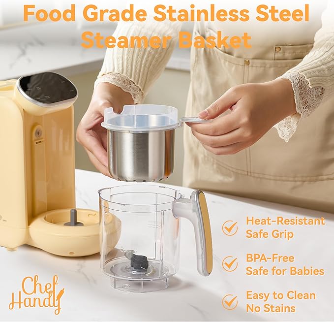 Chefhandy Baby Food Maker, 5 in 1 Baby Food Processor with Stainless Steel Steaming Basket, Baby Puree Maker with Steamer, Blender,Bottle Warmer Function,Auto Cooking & Grinding,Touchscreen (Yellow)