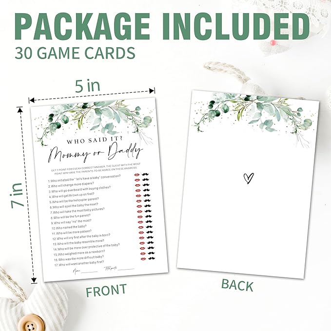 Baby Shower Game Cards - Set of 30 Mommy Or Daddy Game - Greenery Double Sided Print Baby Announcement Gender Reveal Card for Parents to Be - Baby Shower Party Activities Supplies - A11