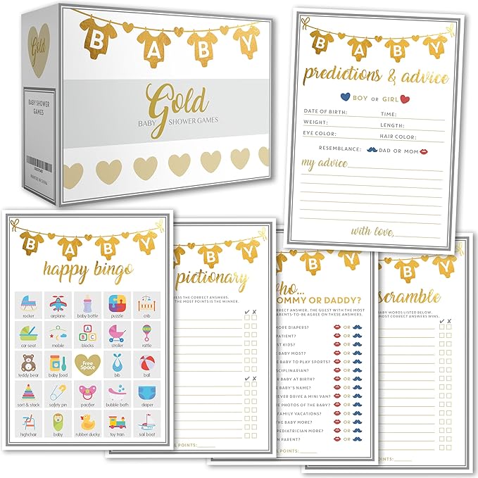 Party Hearty Baby Shower Games for Girl or Boy, 250 pcs 5 Games Activities Cards, Funny Baby Shower Games, Gender Neutral, Baby Shower Ideas