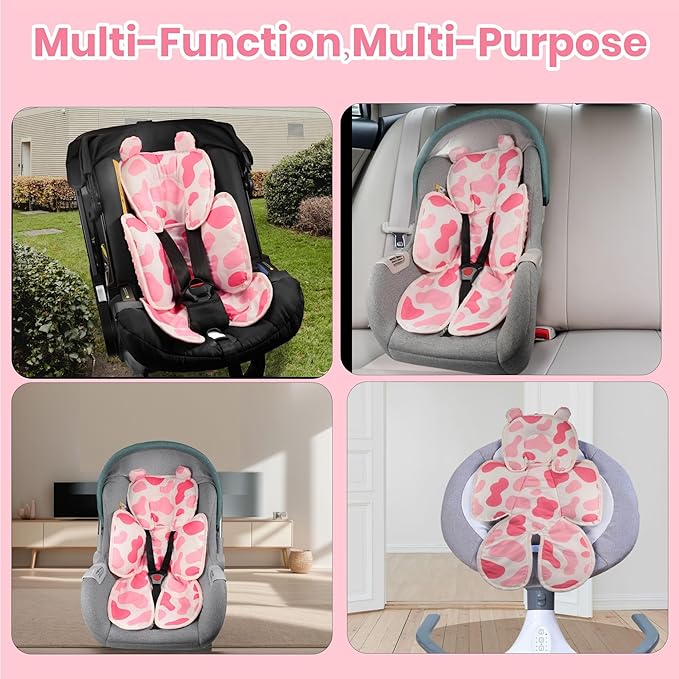 Baby 3in1 Car Seat Head Body Support,Reversible Cotton-Minnky Infant Car Seat Insert Newborn Boys Girls,Soft Breathable Carseat Head Support Pillow Cushion Infant Stroller,Swing,Bouncer(Pink)