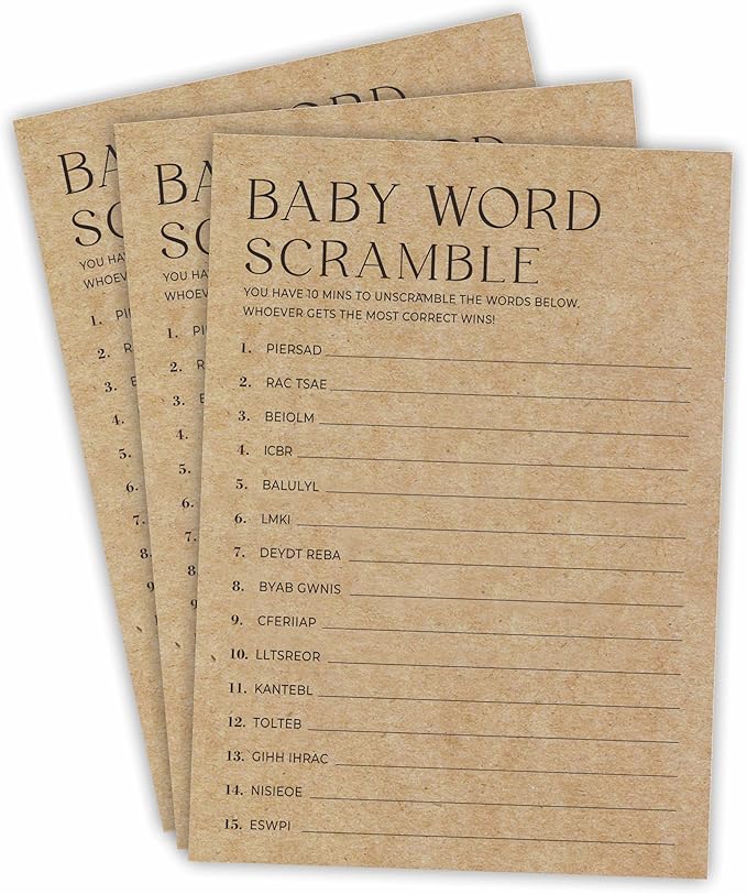 Baby Shower Game Card - Set Of 30 Kraft Paper Double Print - Baby Word Scramble Game Cards With 1 Answer Card For Baby Boy Girl, Baby Announcements, Gender Reveal Games, Party Favors And Supplies-B11