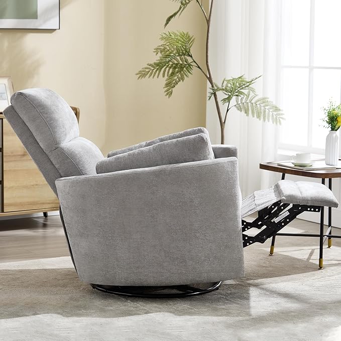 Recliner Swivel Rocking Glider Chair, Upholstered Nursery Adult Recliner Rocking Chair with 2 Pillows for Living Room Bedroom(LIGHTGREY, Manual Operation)
