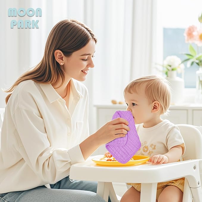 MOON PARK Baby Washcloths, 12 Pack - 12x12 Inches, Small Burp Cloths and Baby Wipes - 100% Cotton Muslin Ultra Soft for Newborn, Infant and Toddlers - Pink, Purple and Sakura Series