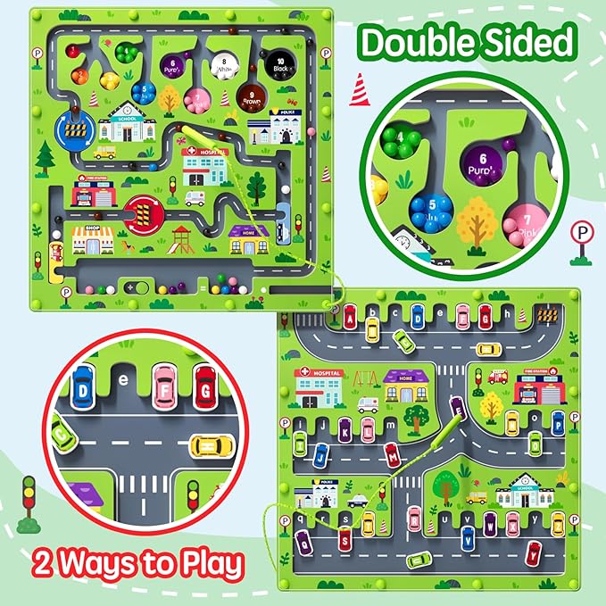 2 in 1 Magnetic Color and Number Maze Magnet Alphabet Counting Double Sided Board Wood Puzzle Fine Motor Skills Montessori Preschool Toys Gifts for Boys and Girls 3-5 Age