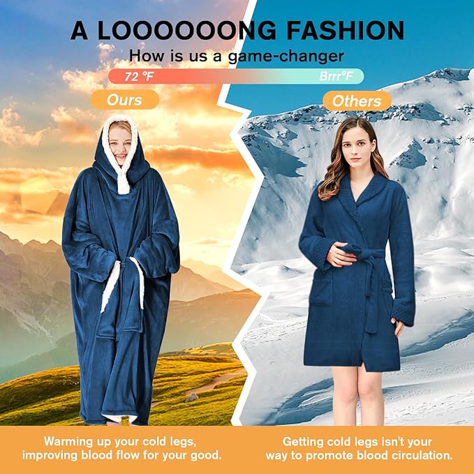 yescool Wearable Blanket Hoodie, Flannel Sherpa Fleece Blanket Sweatshirt for Adults Women Men, Big Plush Cozy Hooded Blanket with Hood, Pocket & Sleeves, Large, One Size Fits All (Navy Blue)