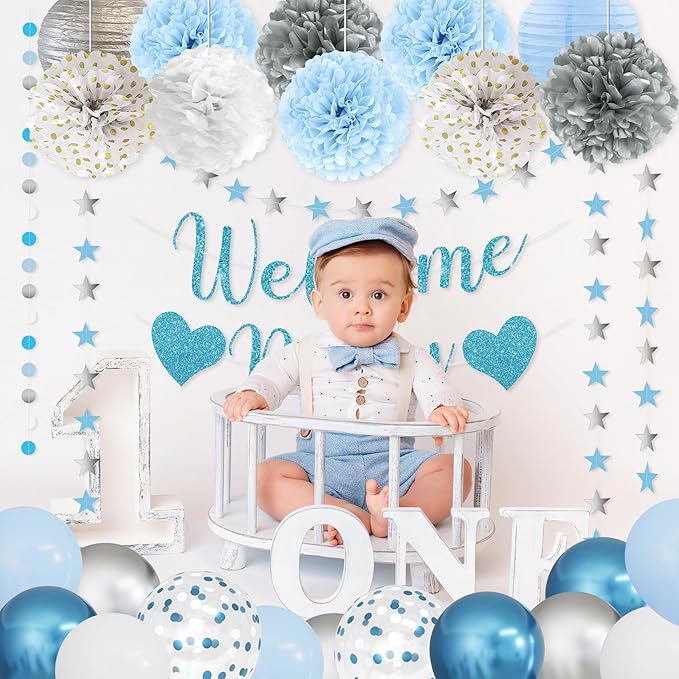 Amandir Blue Boy Baby Shower Decorations Welcome Baby Banner, Cake Topper, Paper Lantern, Light Blue Balloons, Pom Poms Flowers Tassels, Circle Dots Star Garland, Gender Reveal Birthday Party Supplies