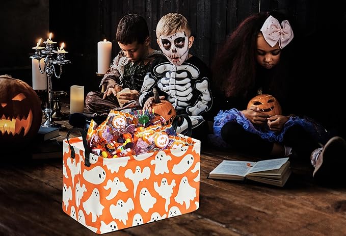 Ghost Halloween Party Basket, Collapsible Gift Storage Container for Kids' Toys and Clothes, Cute Organizer Box