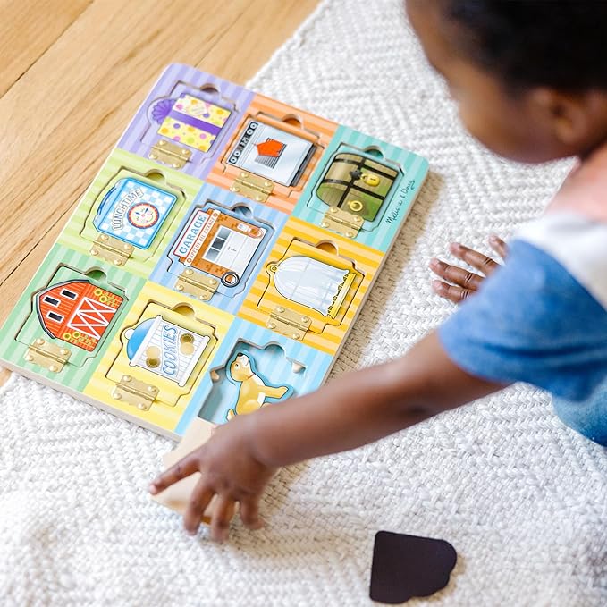 Melissa & Doug Wooden Hide & Seek Activity Board – Montessori Busy Board with Hinges, Doors & 9 Wooden Magnetic Puzzles, Educational Preschool Learning Toy for Toddlers & Kids Ages 3+