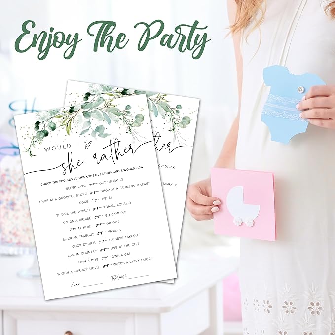 Baby Shower Game Cards - Set of 30 Would She Rather Game - Greenery Double Sided Print Baby Announcement Gender Reveal Card for Parents to Be - Baby Shower Party Activities Supplies - A13