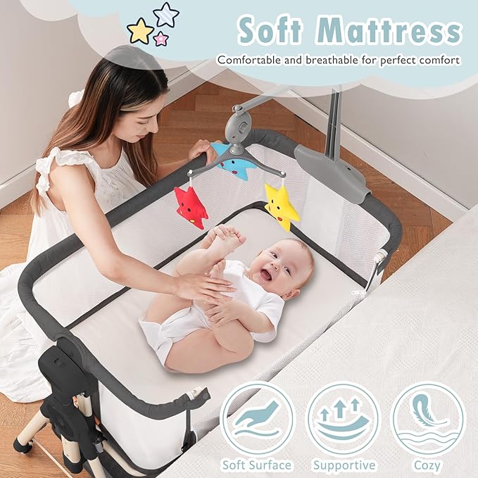Baby Bassinet, Rocking Bassinet, 3 in 1 Bassinets Bedside Sleeper with Musical Toys, Bedside Bassinet for Baby with Storage Basket and Wheels, Adjustable Bedside Crib for Newborn (Black)