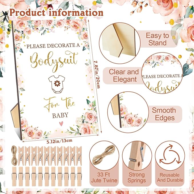Panitay 126 Pcs Baby Shower DIY Bodysuit Set Rustic Kraft Baby Shower Game Sign DIY Bib 25 Blank White Newborn Bodysuit 25 Stencils 24 Marker 1 Sign 50 Pins for Gender Reveal(Floral)