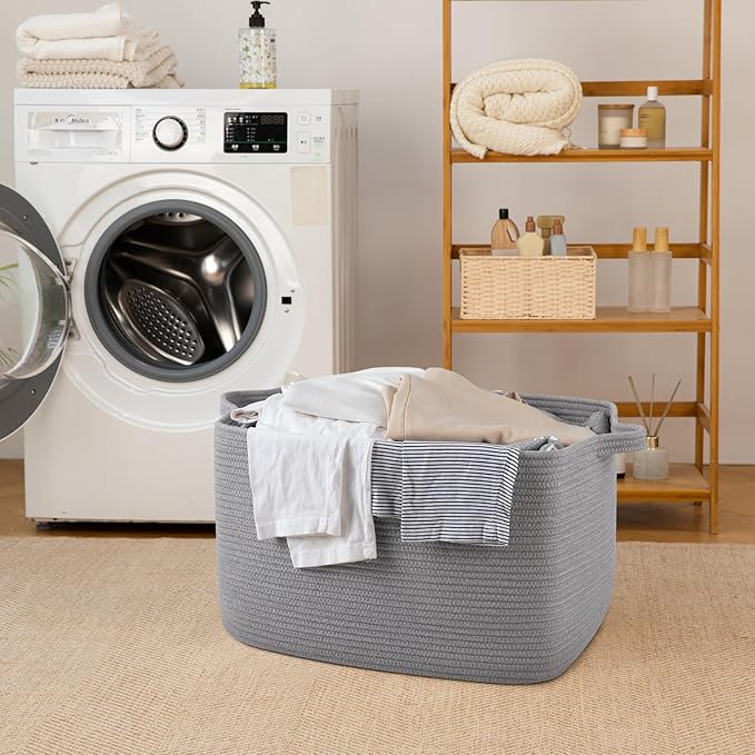 65L Large Storage Basket, Cotton Rope Woven Blanket Basket, Toy Storage for Baby Room, Living Room, Light Grey