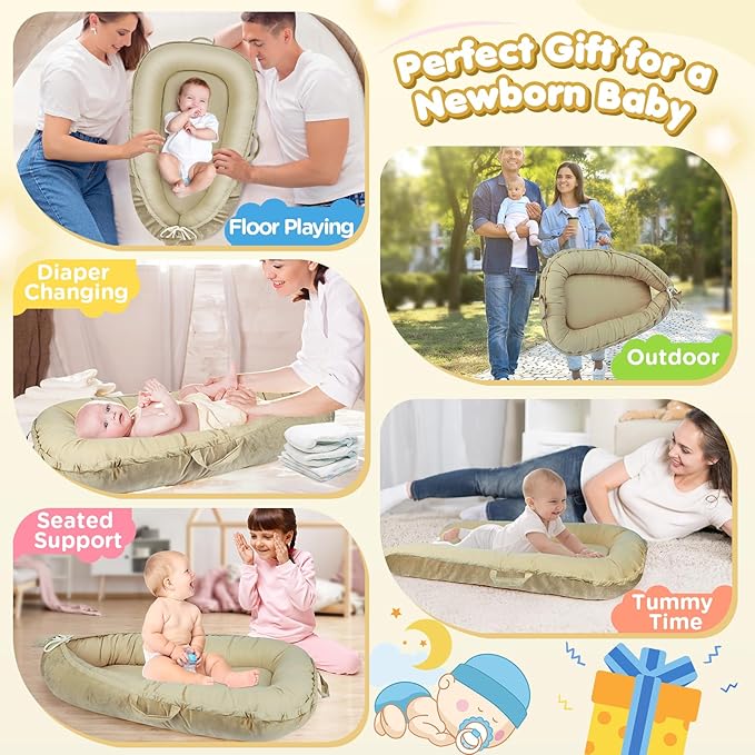 Baby Lounger - Baby Lounger for Newborn 0-24 Months, Breathable and Soft Cotton and Velvet Cover Baby Nest, Portable Cozy Infant Lounger for Home and Travel, Ideal Baby Essentials & Shower Gifts