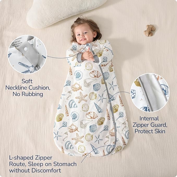 Baby Sleep Sack 12-18 Months, Cotton Detachable Long Sleeve Sleep Sack, 2.5 Tog Toddler Sleeping Sack with Temperature Strips, 2-Way Zipper Wearable Blankets for Newborns, Ocean