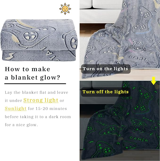 Glow in The Dark Blanket Game Controller Throw Blanket, Toys for Kids Boyfriend, Boys Teen Soft Cozy Gaming Blanket Gamer Gifts Game Decor Blankets for Home Bedroom 80"x60"