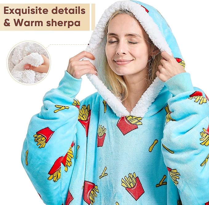 yescool Wearable Blanket Hoodie - birthday gifts for Adults/Women/mom, Flannel Cozy Sherpa Fleece Blanket Sweatshirt with Hood, Pocket & Sleeves, Large, One Size Fits All (Fries)