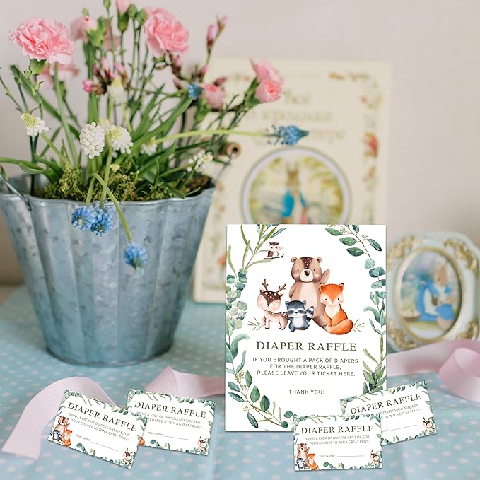 Greenery Animals Diaper Raffle Set For Baby Shower - 50 Raffle Tickets With 1 Standing Sign - Baby Announcement, Gender Reveal Baby Shower Party Decoration Game Set - A04
