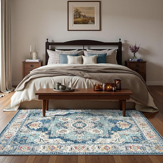 jinchan Area Rug 6x9 Washable Living Room Rug Indoor Large Vintage Floor Cover Distressed Navy Blue Multi Lightweight Non Slip Thin Carpet for Kitchen Bedroom Dining Room