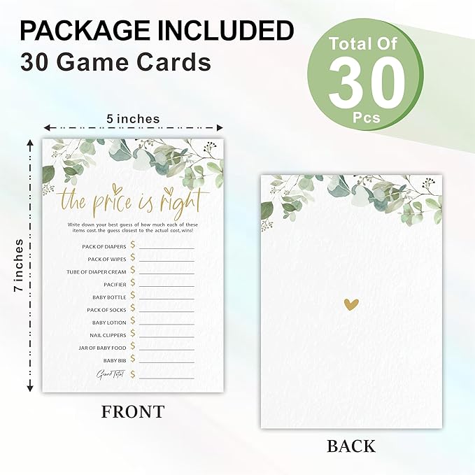 The Price is Right - Baby Shower Game Cards - Golden Greenery - 30 Double-Sided Fill in Style Game Cards for Gender Reveal, Baby Announcement, Party Games & Activity - D10