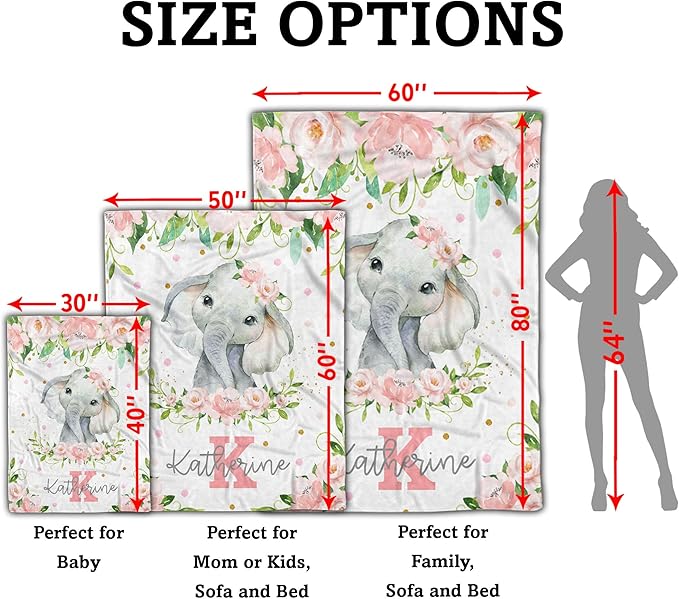 Arteaga Personalized Elephant Baby Blanket for Girls, Customized Newborn Gift