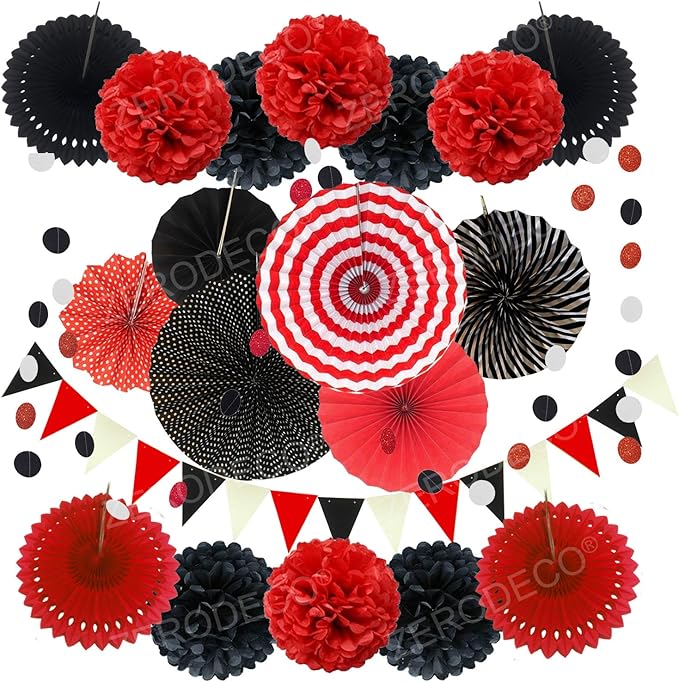 ZERODECO Party Decoration, 21 Pcs Black and Red Hanging Paper Fans Pom Poms Flowers, Garlands String Polka Dot and Triangle Bunting Flags for Minnie Mouse Birthday Parties Baby Showers Wedding