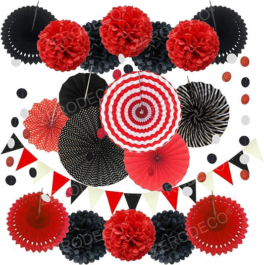 ZERODECO Party Decoration, 21 Pcs Black and Red Hanging Paper Fans Pom Poms Flowers, Garlands String Polka Dot and Triangle Bunting Flags for Minnie Mouse Birthday Parties Baby Showers Wedding
