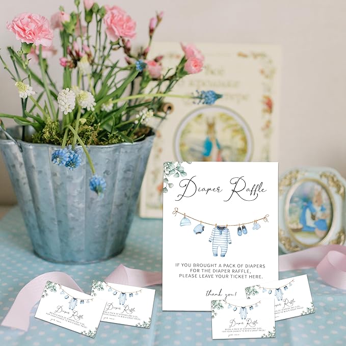 Greenery Diaper Raffle Set For Baby Shower - 50 Raffle Tickets With 1 Standing Sign - Baby Announcement, Gender Reveal Baby Shower Party Decoration Game Set - A02