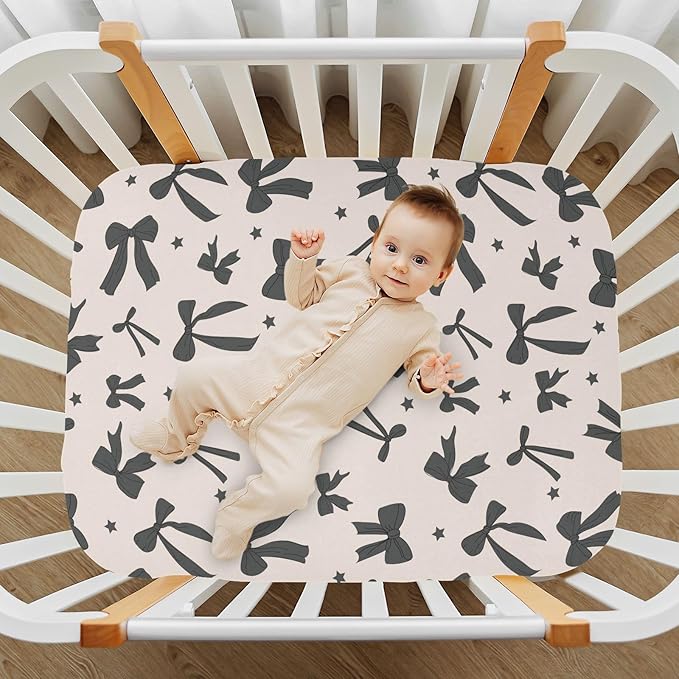 Baby Crib Sheets Black Cute Bow Crib Sheets for Boys Girls,Neutral Bassinet Toddler Bed Play Sheets Breathable Soft and Portable 52 * 28 * 9in