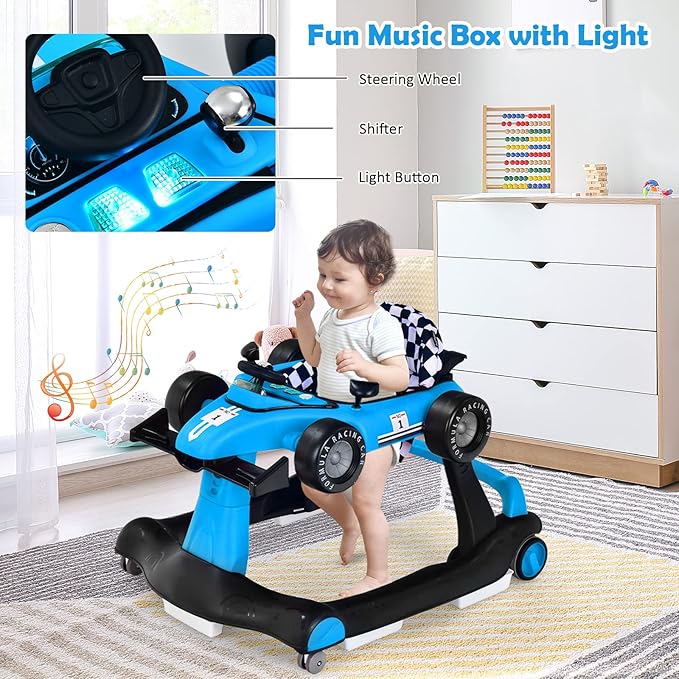 HOMGX Baby Walker with Wheels, Convertible Baby Push Walker & Race Car Mode, Infant Activity Center with Music Box, 3 Heights & 2 Speeds, Foldable Walkers for 6-18 Months (Blue)