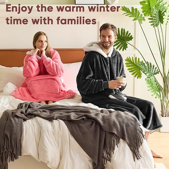yescool Wearable Blanket Hoodie - birthday gifts for Adults/Women/mom, Flannel Cozy Sherpa Fleece Blanket Sweatshirt with Hood, Pocket & Sleeves, Large, One Size Fits All (Black)